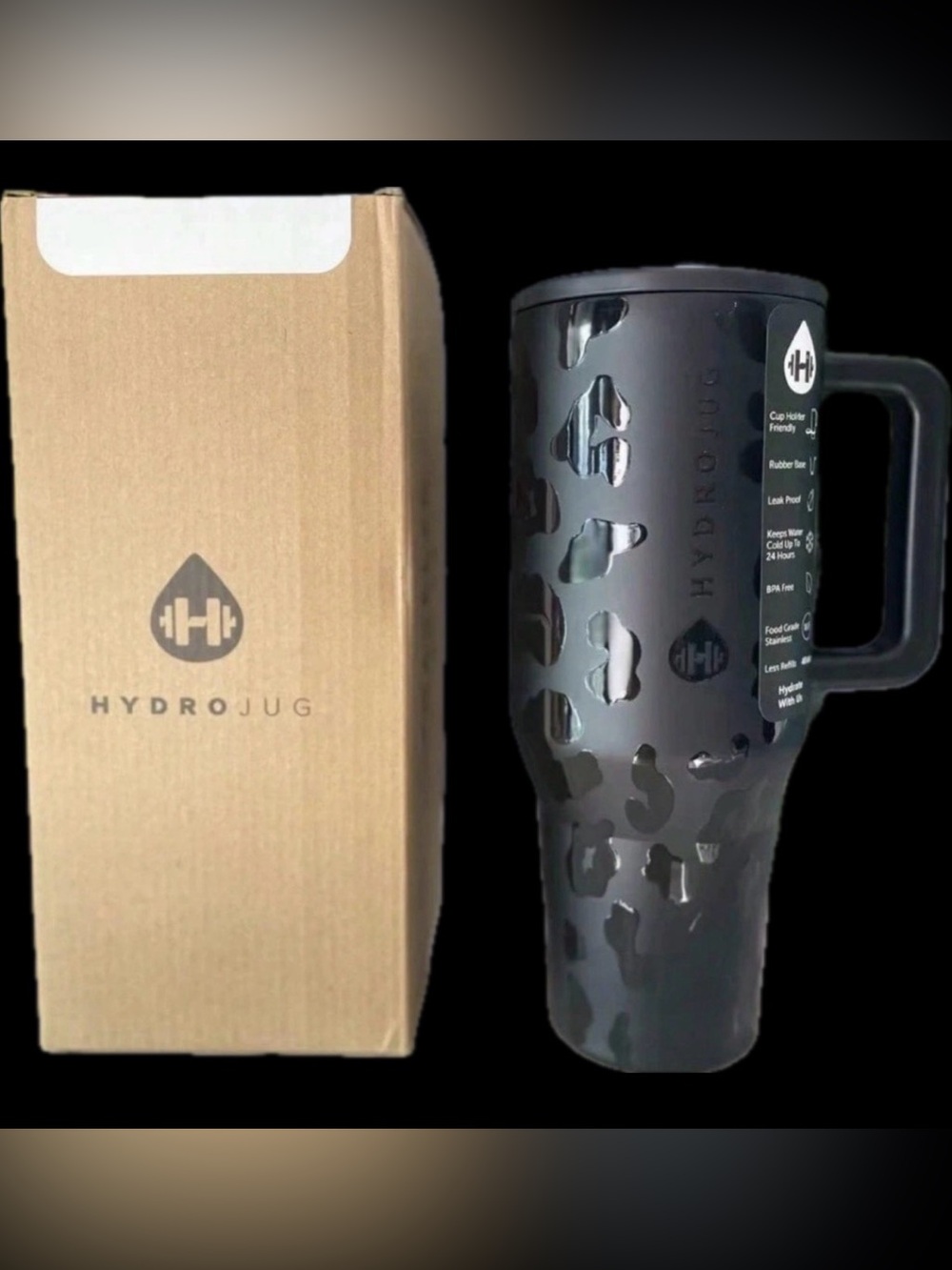 Hydrojug 40 ounce Black Leopard traveler tumbler NEW in box